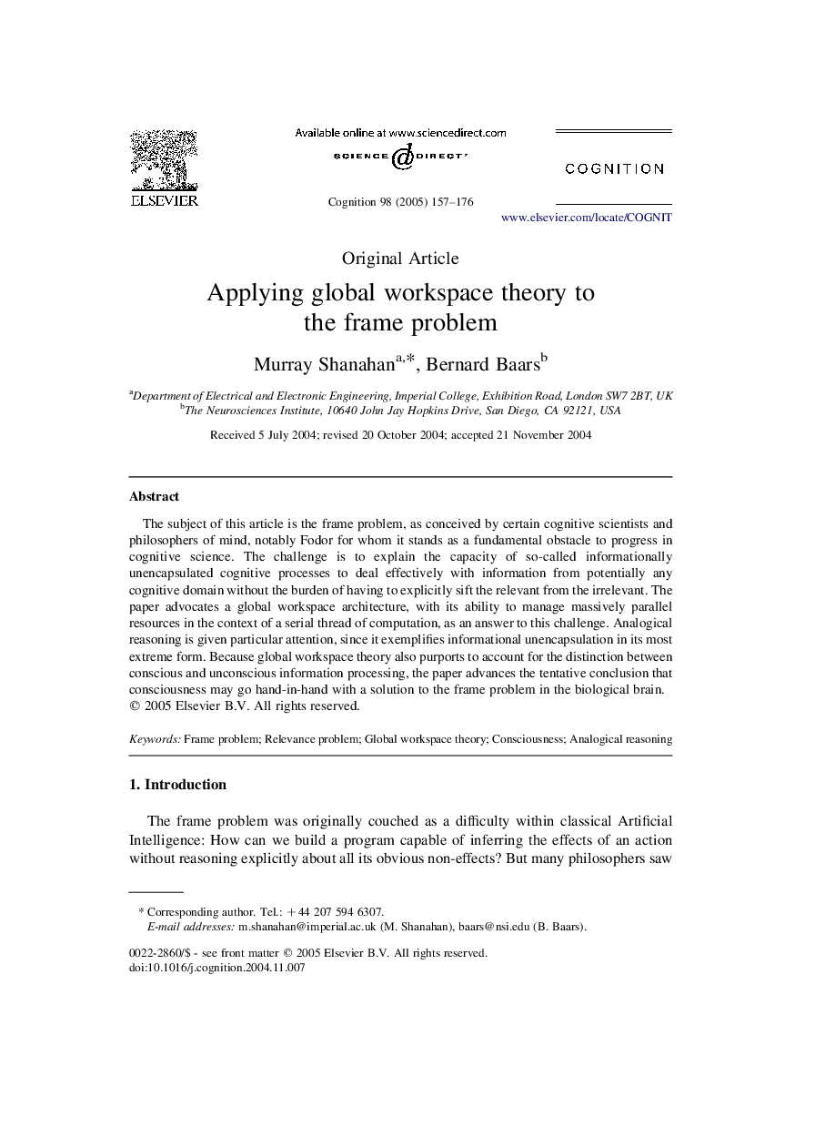 Applying global workspace theory to the frame problem
