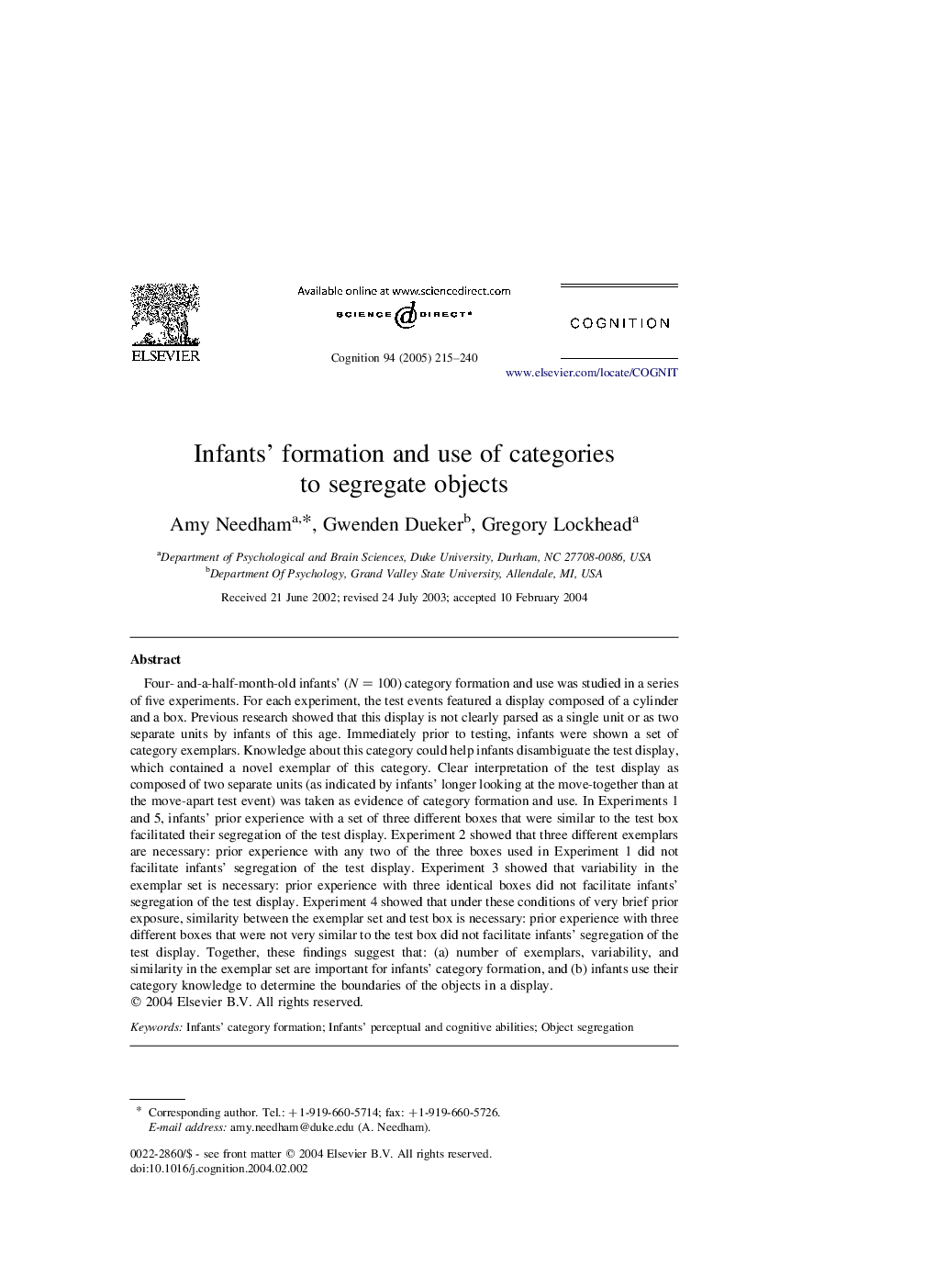 Infants' formation and use of categories to segregate objects