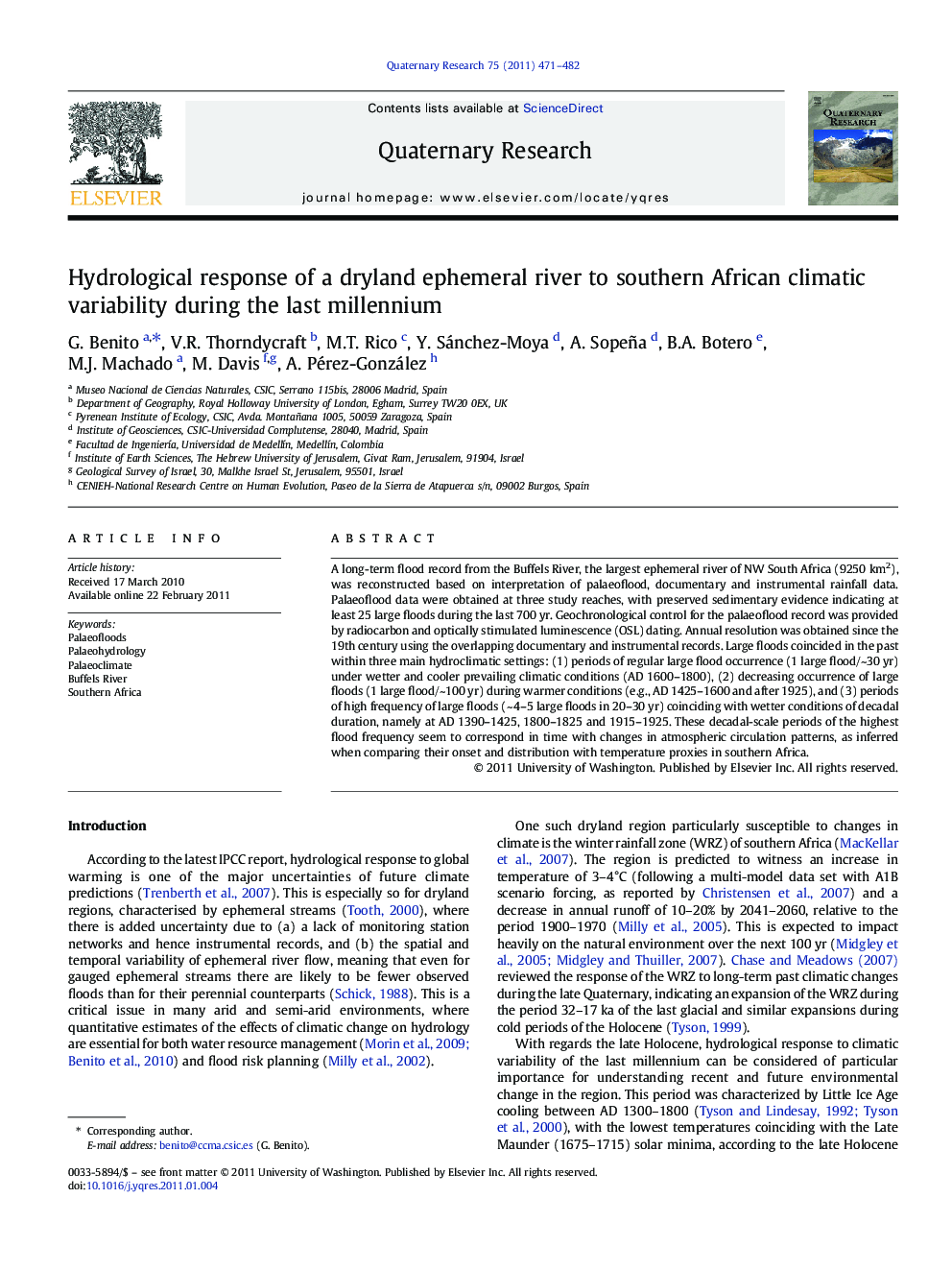 Hydrological response of a dryland ephemeral river to southern African climatic variability during the last millennium