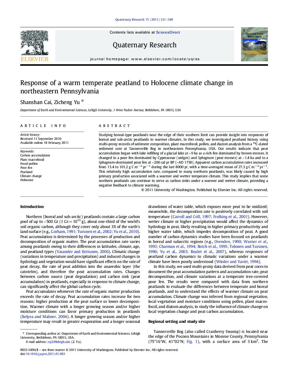 Response of a warm temperate peatland to Holocene climate change in northeastern Pennsylvania