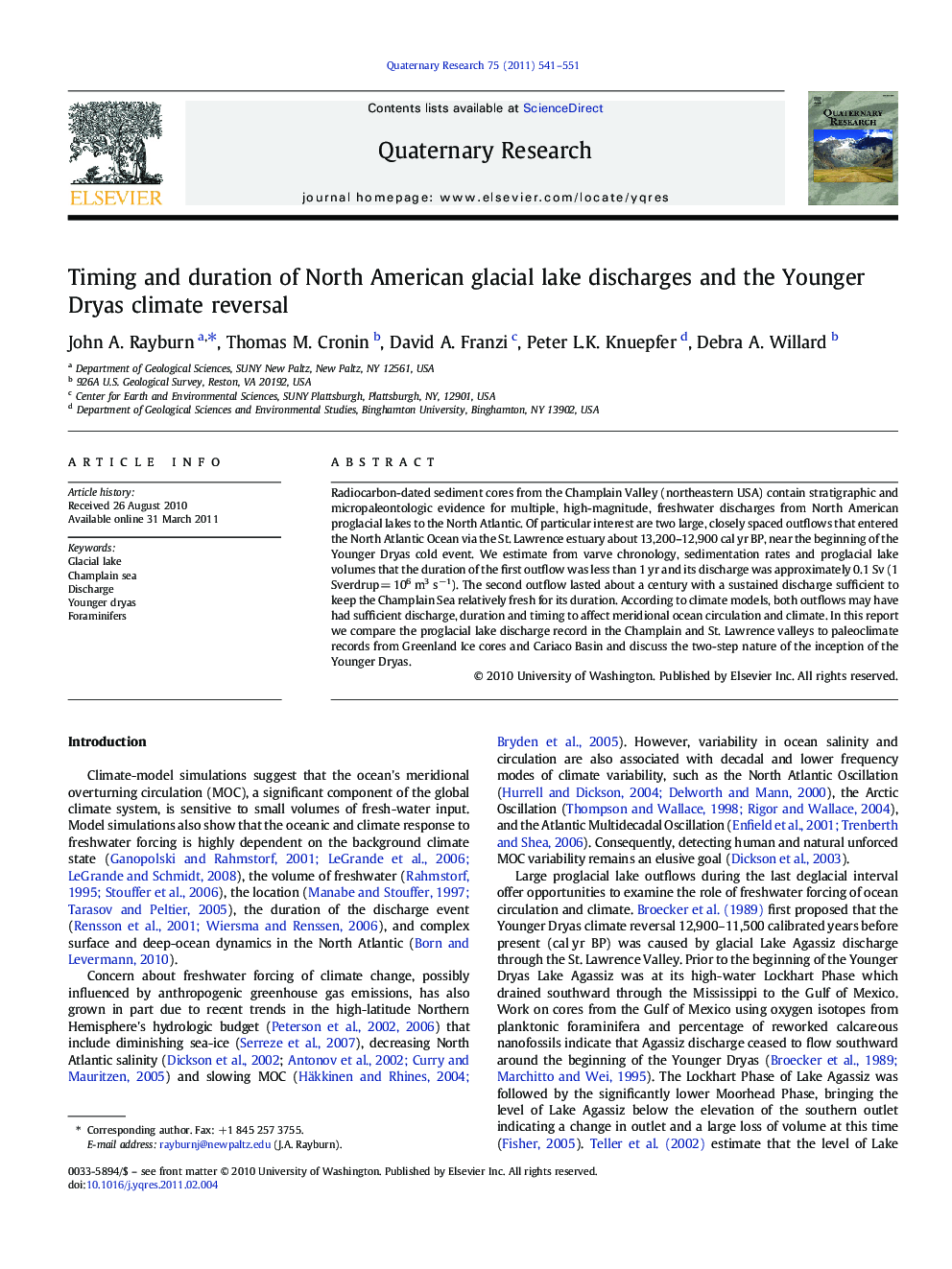 Timing and duration of North American glacial lake discharges and the Younger Dryas climate reversal
