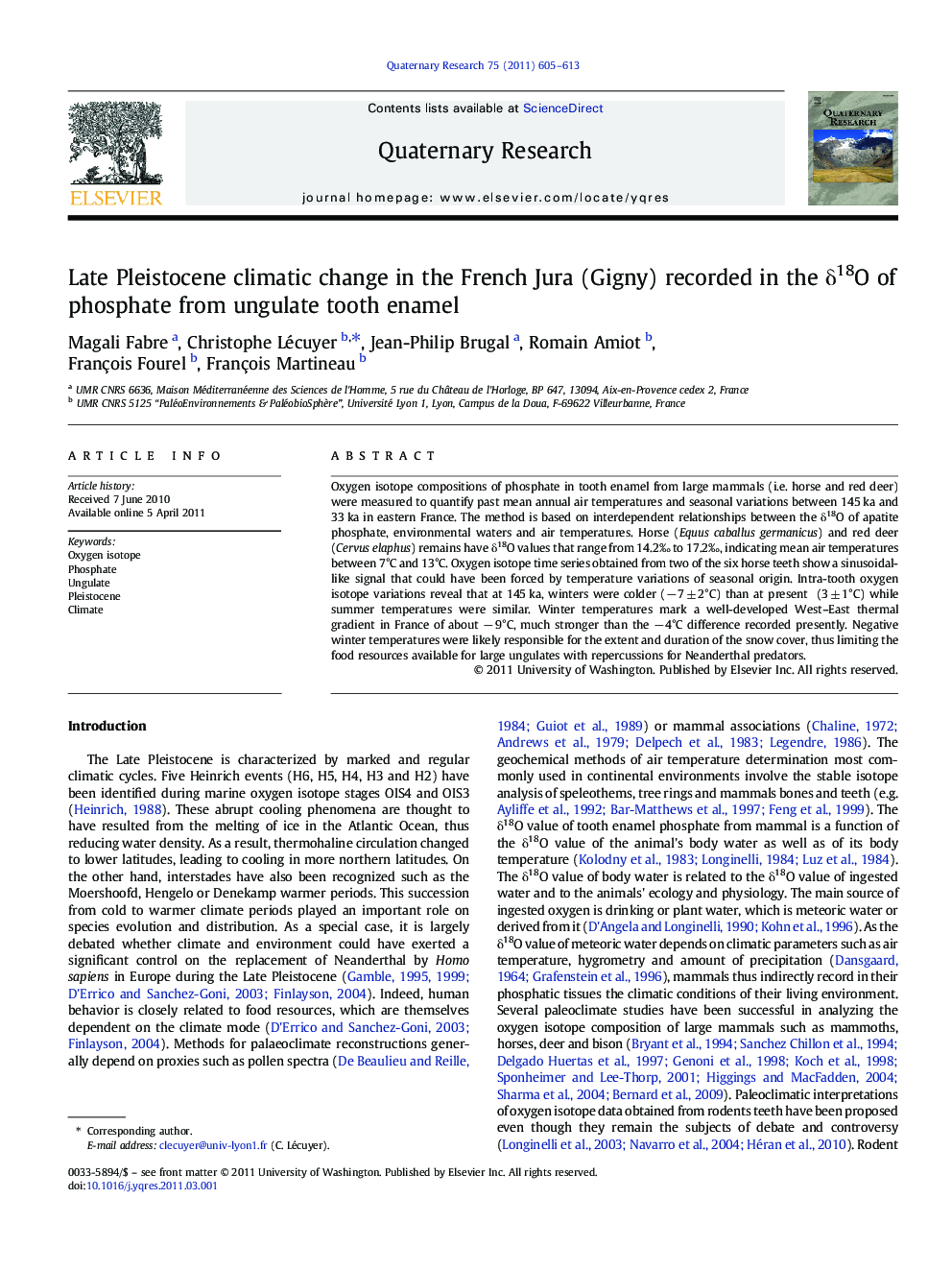 Late Pleistocene climatic change in the French Jura (Gigny) recorded in the Î´18O of phosphate from ungulate tooth enamel