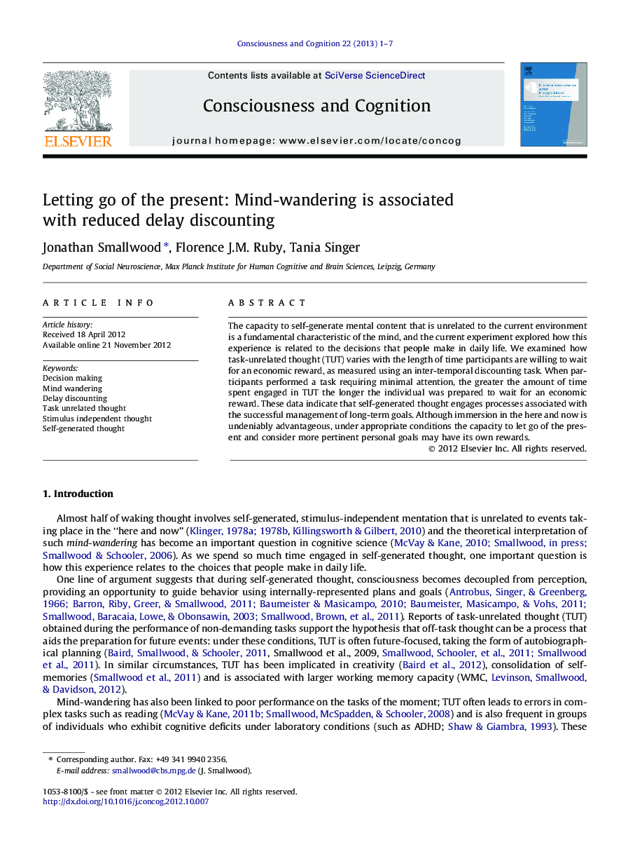 Letting go of the present: Mind-wandering is associated with reduced delay discounting