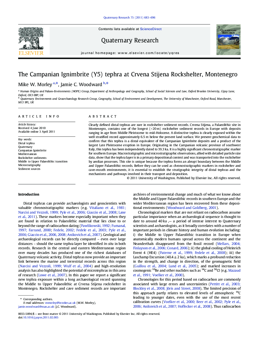 The Campanian Ignimbrite (Y5) tephra at Crvena Stijena Rockshelter, Montenegro