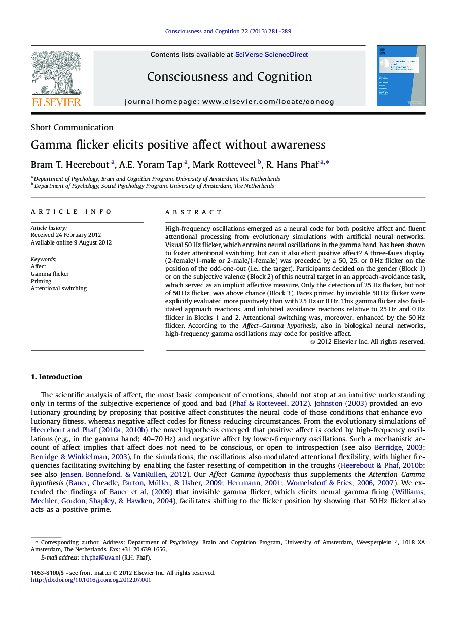 Gamma flicker elicits positive affect without awareness