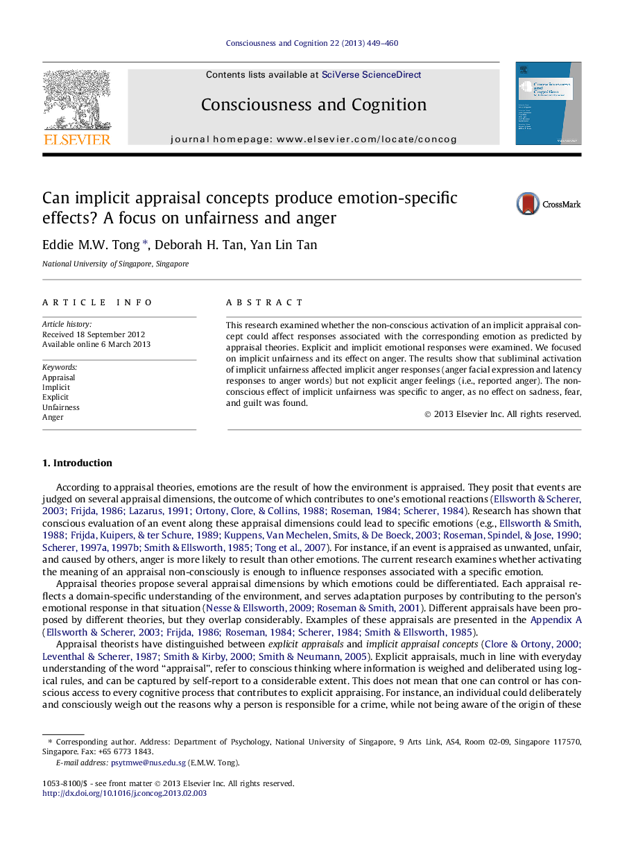 Can implicit appraisal concepts produce emotion-specific effects? A focus on unfairness and anger