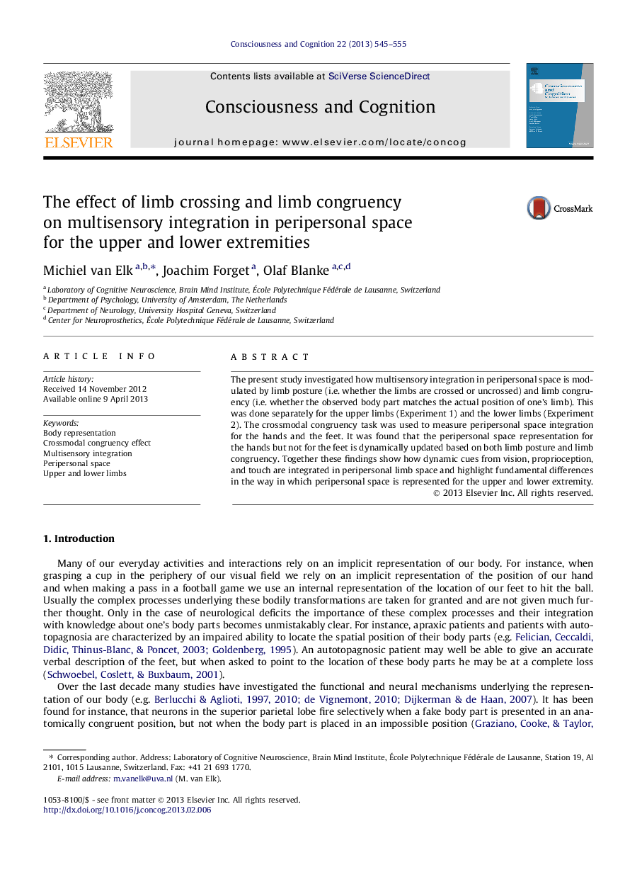 The effect of limb crossing and limb congruency on multisensory integration in peripersonal space for the upper and lower extremities