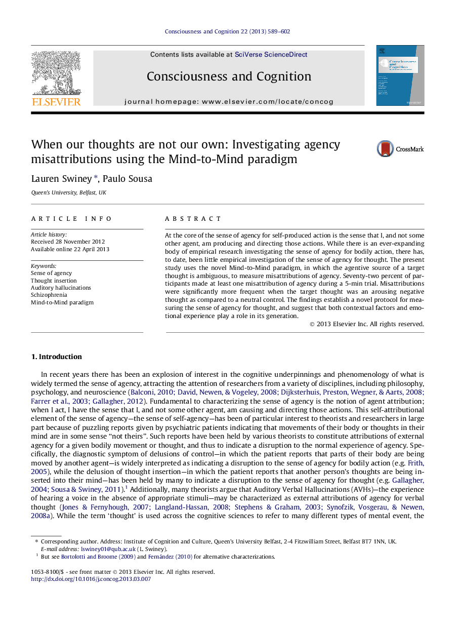 When our thoughts are not our own: Investigating agency misattributions using the Mind-to-Mind paradigm