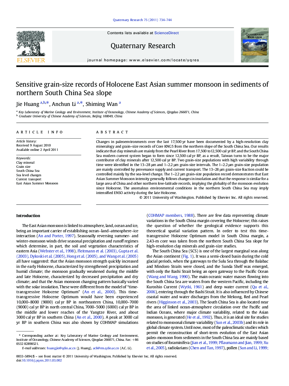 Sensitive grain-size records of Holocene East Asian summer monsoon in sediments of northern South China Sea slope