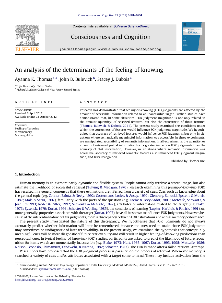 An analysis of the determinants of the feeling of knowing