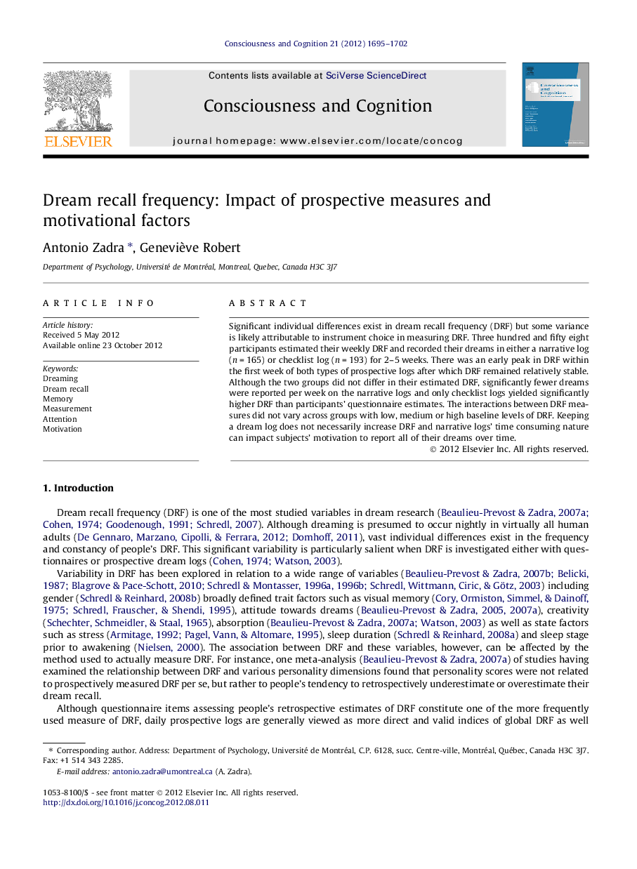 Dream recall frequency: Impact of prospective measures and motivational factors