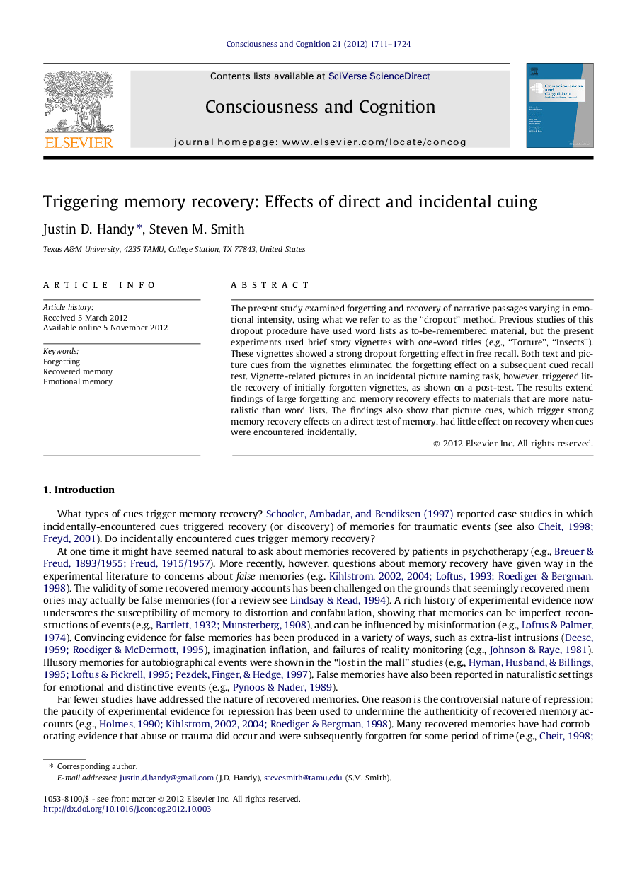 Triggering memory recovery: Effects of direct and incidental cuing