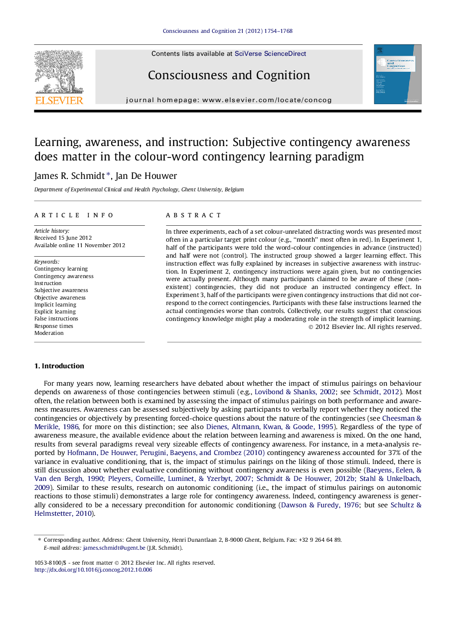 Learning, awareness, and instruction: Subjective contingency awareness does matter in the colour-word contingency learning paradigm