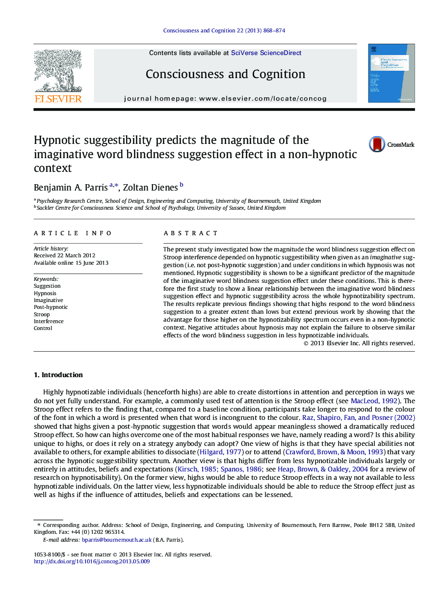 Hypnotic suggestibility predicts the magnitude of the imaginative word blindness suggestion effect in a non-hypnotic context