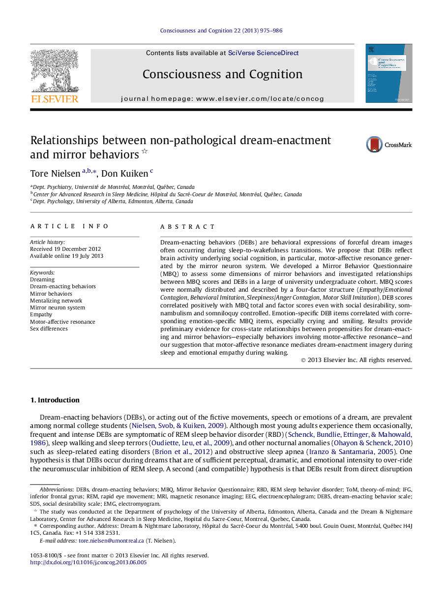 Relationships between non-pathological dream-enactment and mirror behaviors