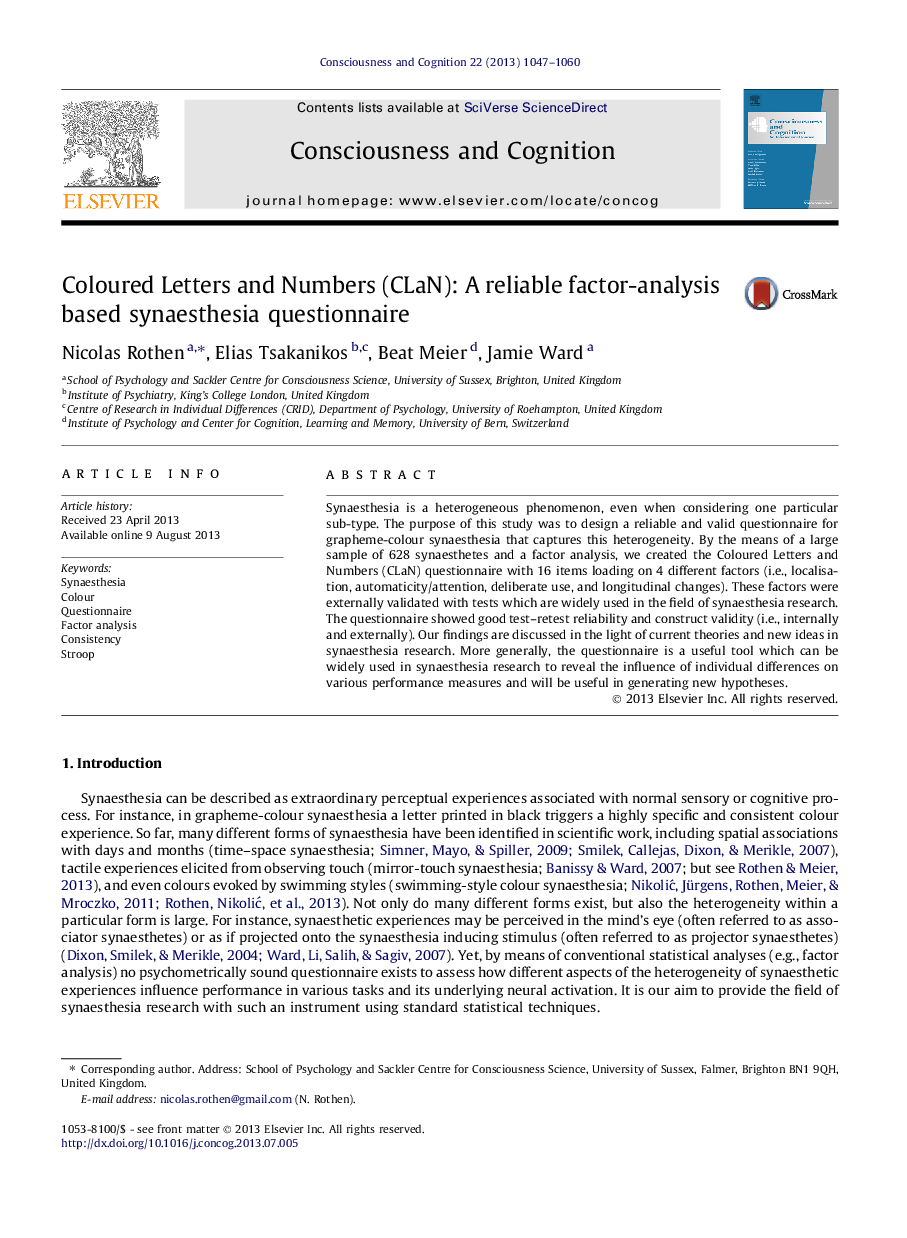 Coloured Letters and Numbers (CLaN): A reliable factor-analysis based synaesthesia questionnaire