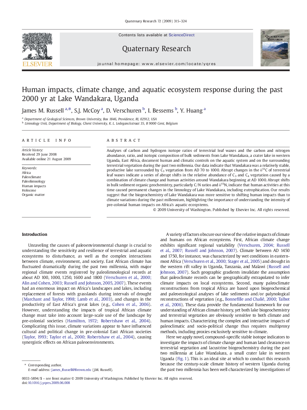 عکس صفحه اول مقاله: Human impacts, climate change, and aquatic ecosystem response during the past 2000 yr at Lake Wandakara, Uganda Human impacts, climate change, and aquatic ecosystem response during the past 2000 yr at Lake Wandakara, Uganda