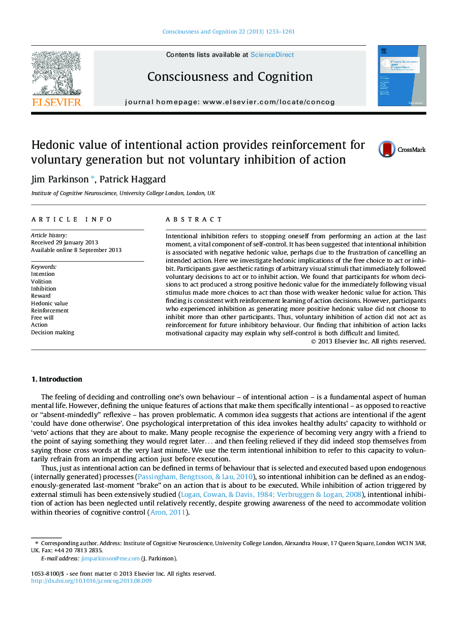 Hedonic value of intentional action provides reinforcement for voluntary generation but not voluntary inhibition of action