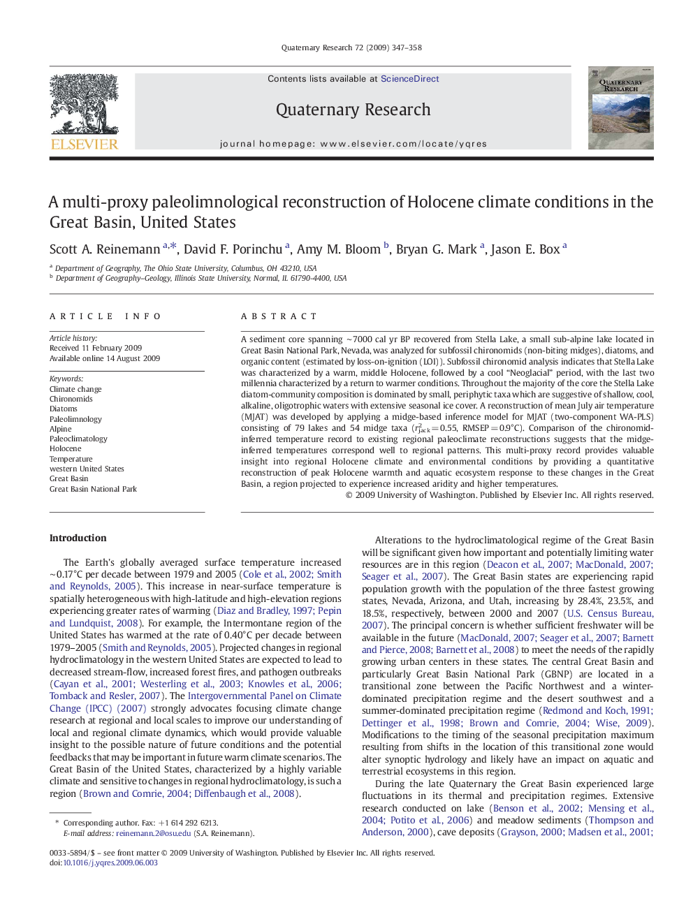 A multi-proxy paleolimnological reconstruction of Holocene climate conditions in the Great Basin, United States