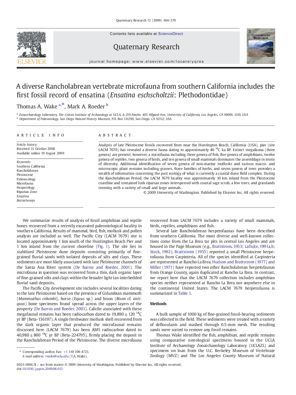 A diverse Rancholabrean vertebrate microfauna from southern California includes the first fossil record of ensatina (Ensatina eschscholtzii: Plethodontidae)