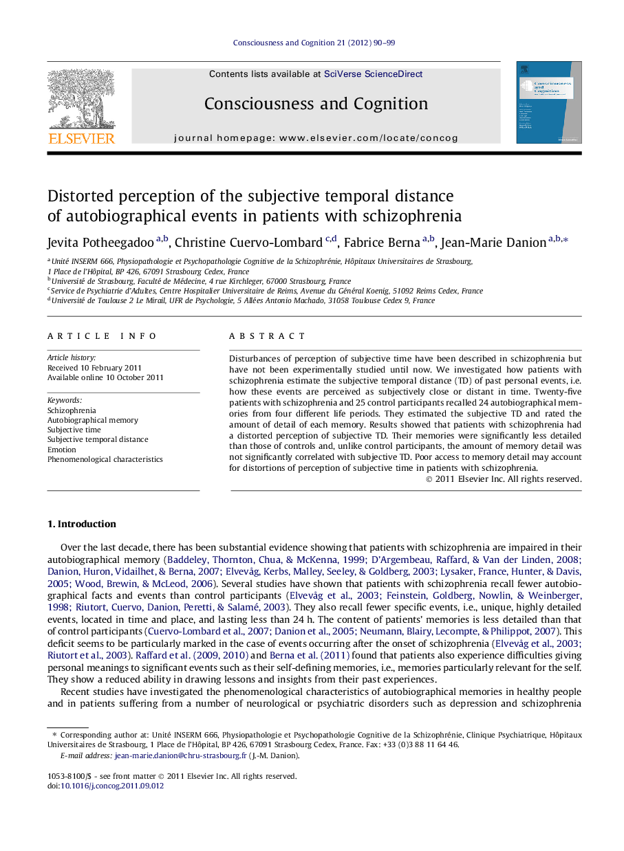 Distorted perception of the subjective temporal distance of autobiographical events in patients with schizophrenia