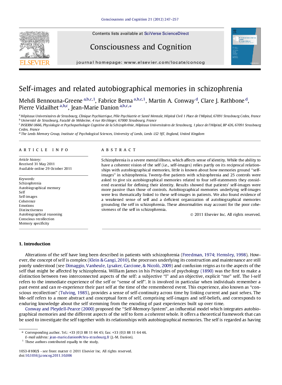 Self-images and related autobiographical memories in schizophrenia