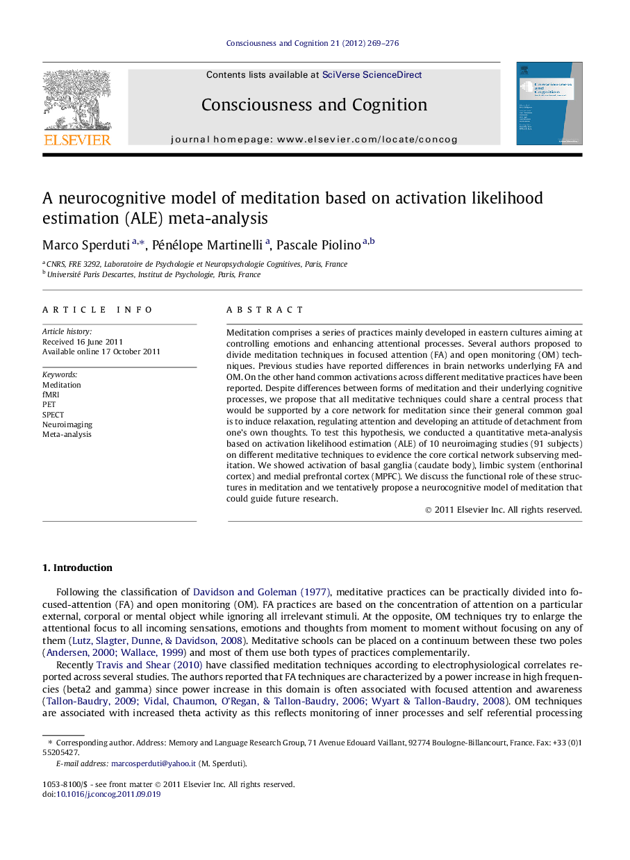 A neurocognitive model of meditation based on activation likelihood estimation (ALE) meta-analysis