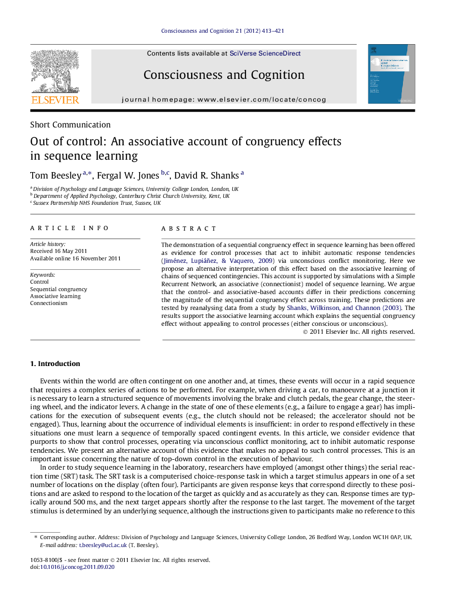 Out of control: An associative account of congruency effects in sequence learning