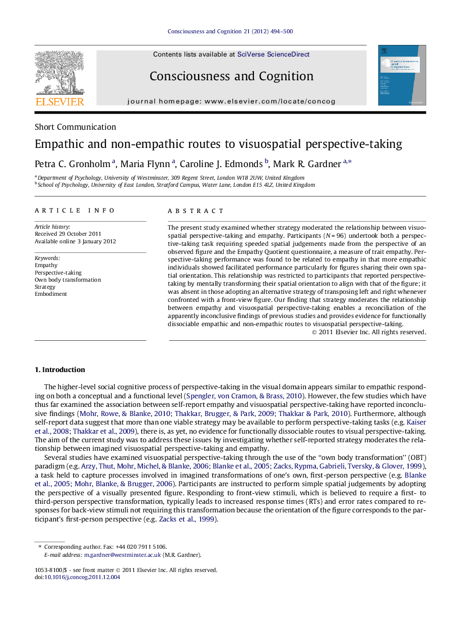 Empathic and non-empathic routes to visuospatial perspective-taking