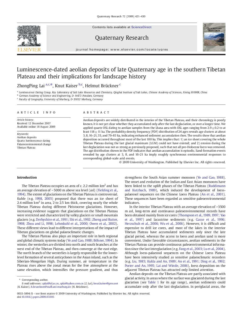 Luminescence-dated aeolian deposits of late Quaternary age in the southern Tibetan Plateau and their implications for landscape history