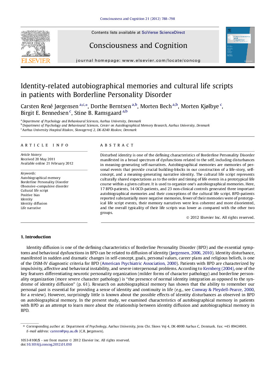 Identity-related autobiographical memories and cultural life scripts in patients with Borderline Personality Disorder