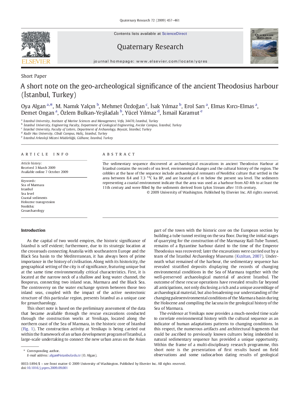 A short note on the geo-archeological significance of the ancient Theodosius harbour (İstanbul, Turkey)