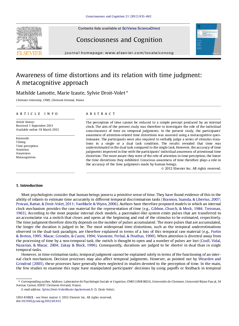 Awareness of time distortions and its relation with time judgment: A metacognitive approach