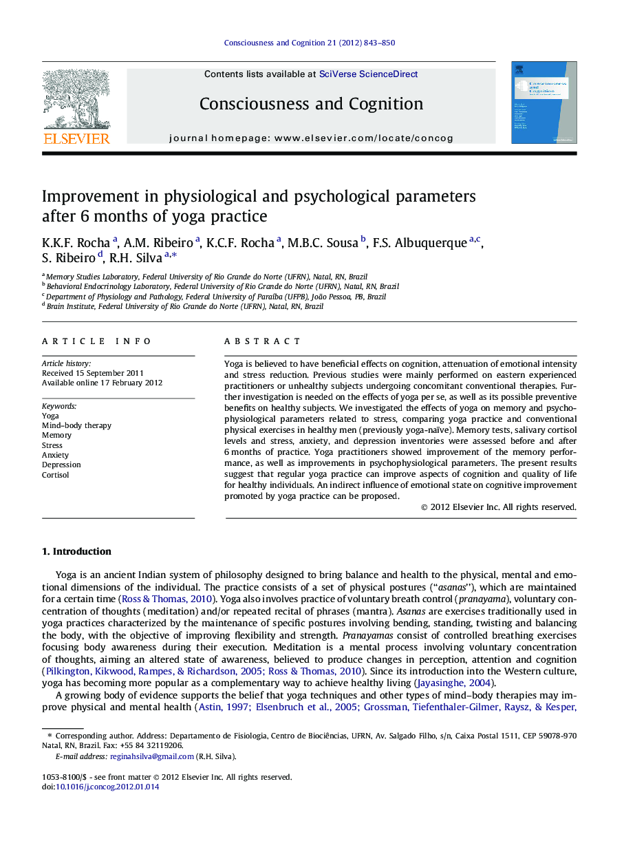 Improvement in physiological and psychological parameters after 6Â months of yoga practice