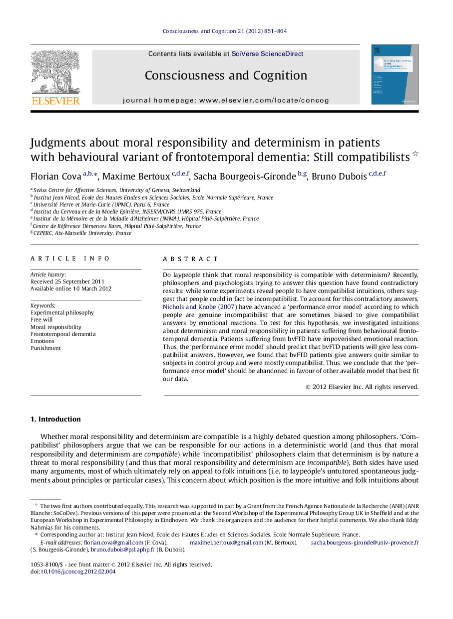 Judgments about moral responsibility and determinism in patients with behavioural variant of frontotemporal dementia: Still compatibilists