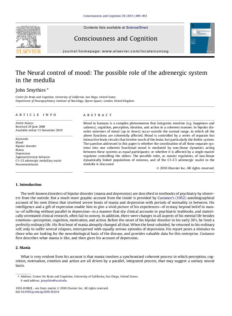 The Neural control of mood: The possible role of the adrenergic system in the medulla