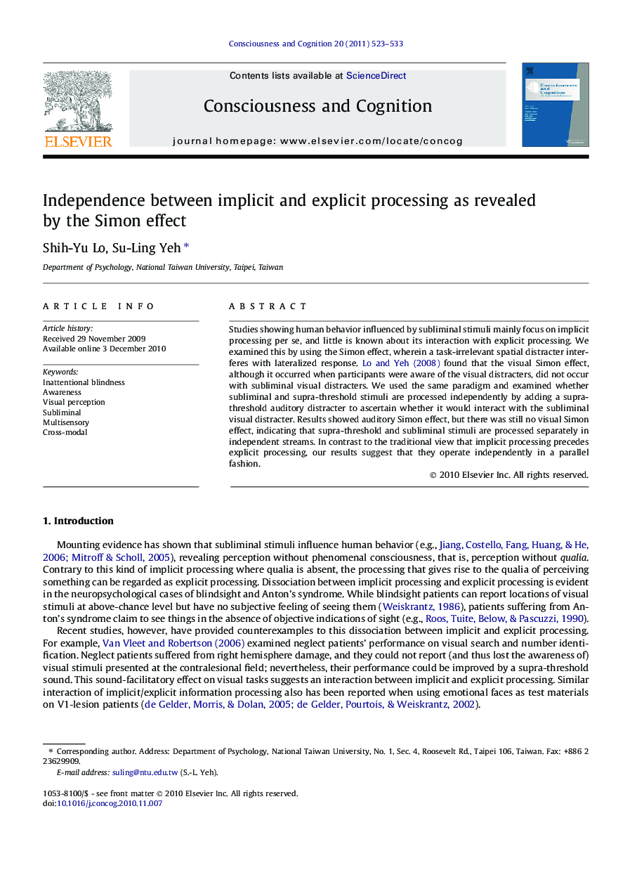 Independence between implicit and explicit processing as revealed by the Simon effect