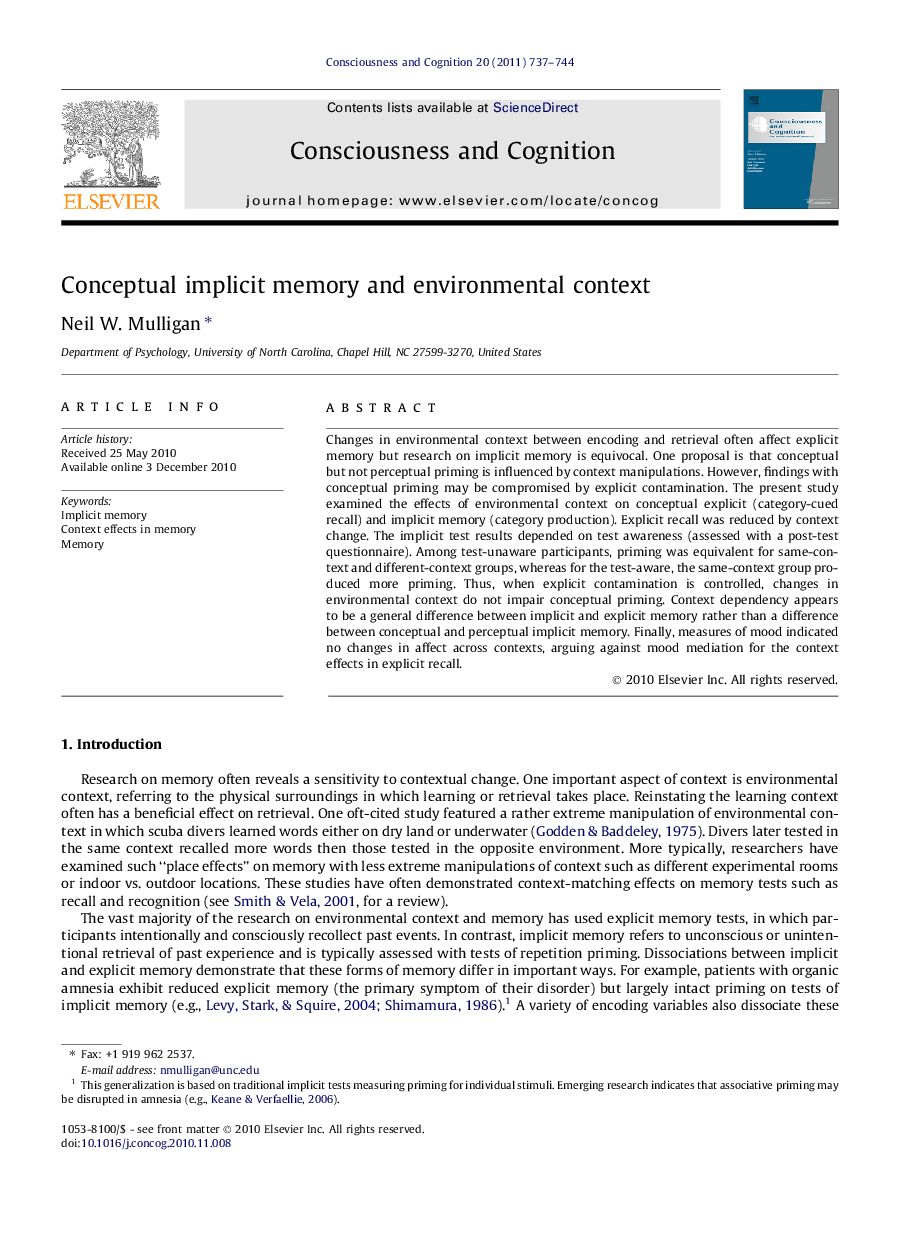 Conceptual implicit memory and environmental context