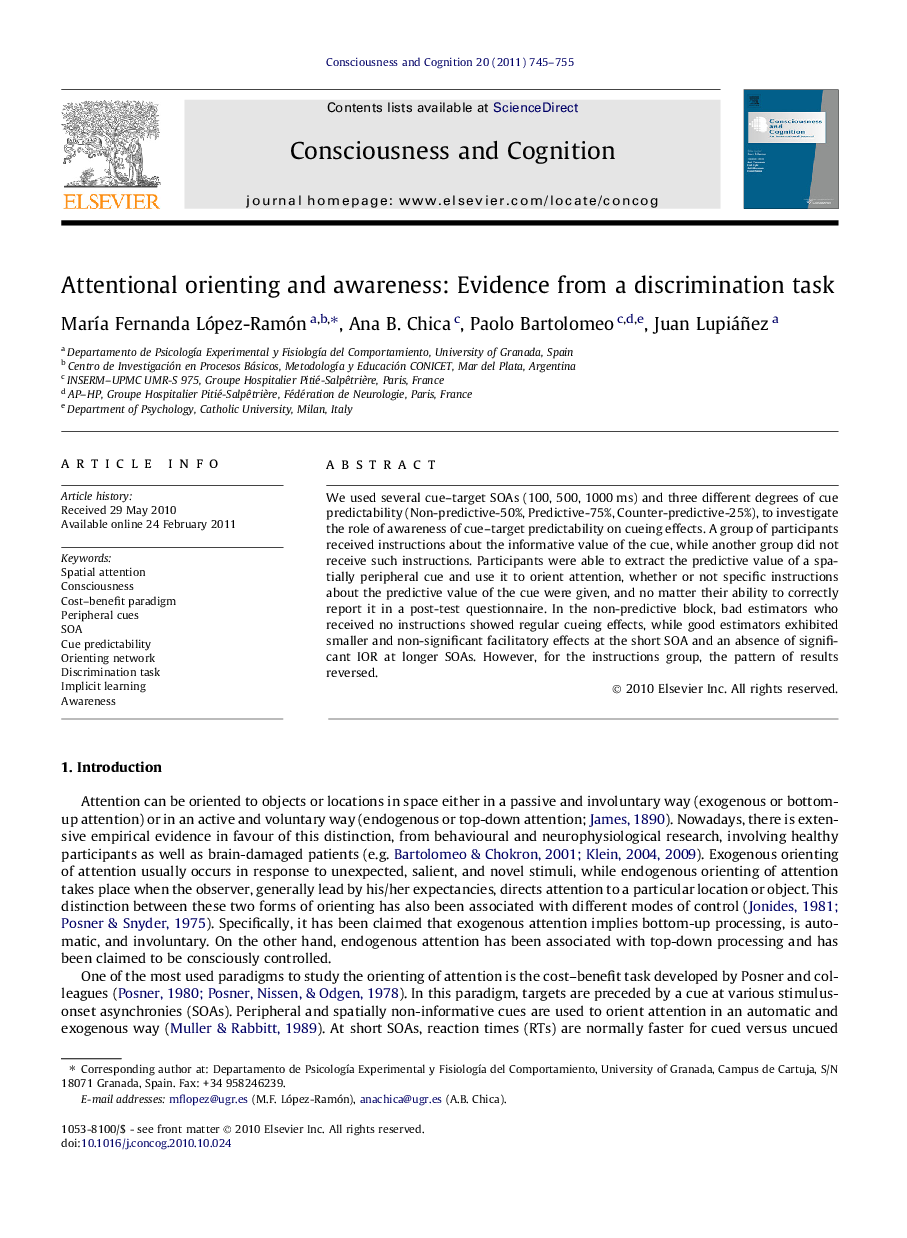 Attentional orienting and awareness: Evidence from a discrimination task