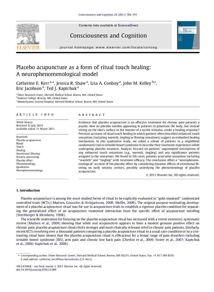 Placebo acupuncture as a form of ritual touch healing: A neurophenomenological model