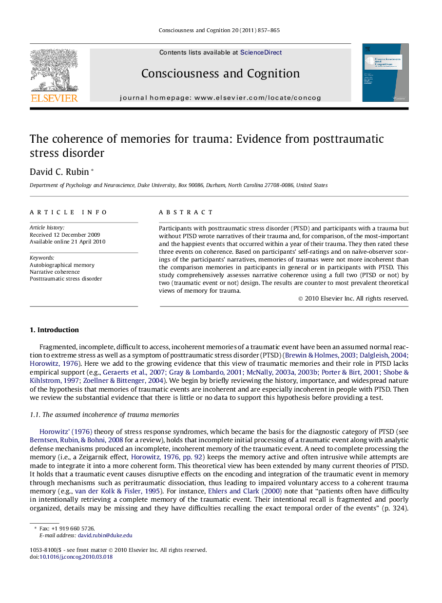 The coherence of memories for trauma: Evidence from posttraumatic stress disorder