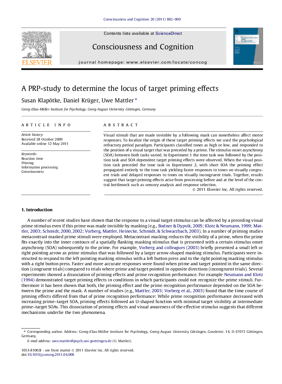 A PRP-study to determine the locus of target priming effects