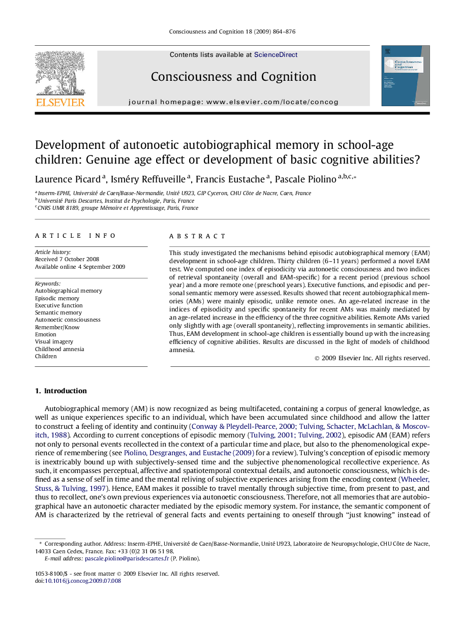 Development of autonoetic autobiographical memory in school-age children: Genuine age effect or development of basic cognitive abilities?