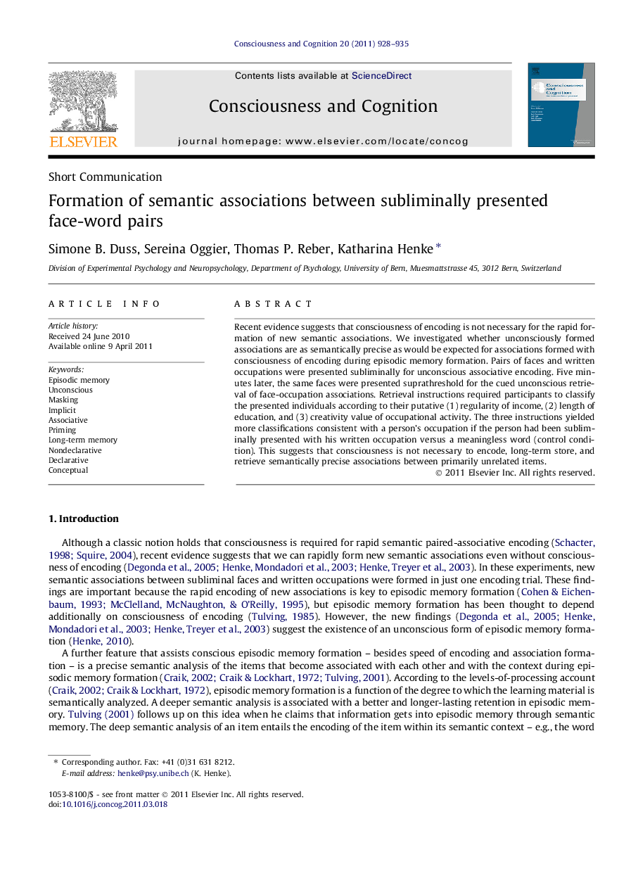 Formation of semantic associations between subliminally presented face-word pairs