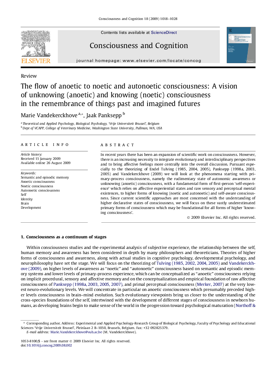 The flow of anoetic to noetic and autonoetic consciousness: A vision of unknowing (anoetic) and knowing (noetic) consciousness in the remembrance of things past and imagined futures