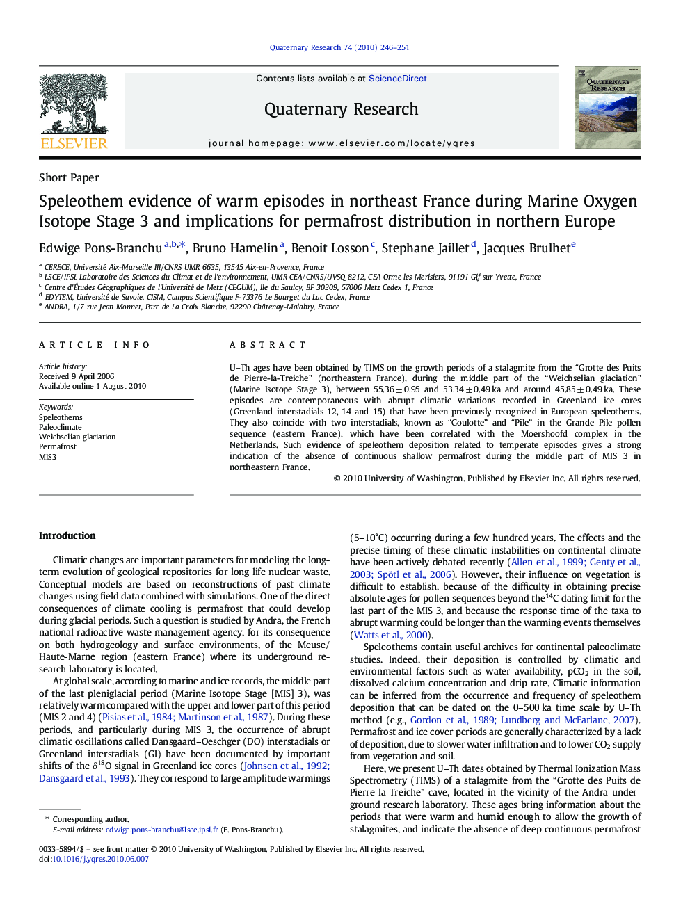 عکس صفحه اول مقاله: Speleothem evidence of warm episodes in northeast France during Marine Oxygen Isotope Stage 3 and implications for permafrost distribution in northern Europe Speleothem evidence of warm episodes in northeast France during Marine Oxygen Isotope Stage 3 and implications for permafrost distribution in northern Europe