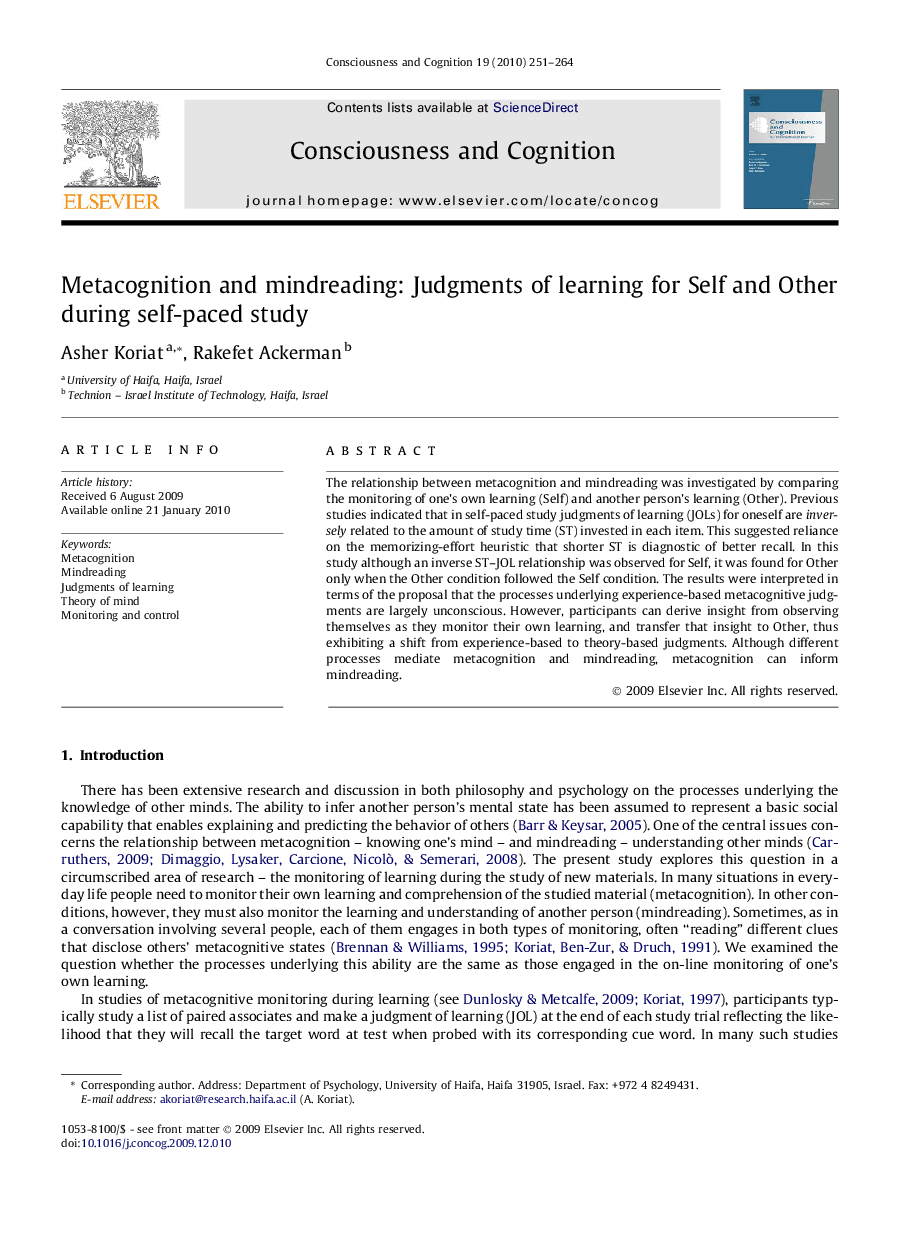 Metacognition and mindreading: Judgments of learning for Self and Other during self-paced study