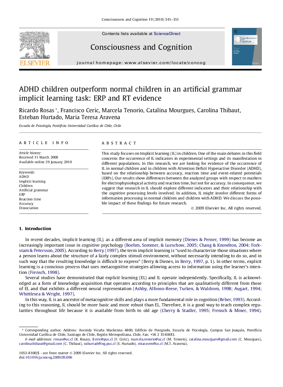 ADHD children outperform normal children in an artificial grammar implicit learning task: ERP and RT evidence