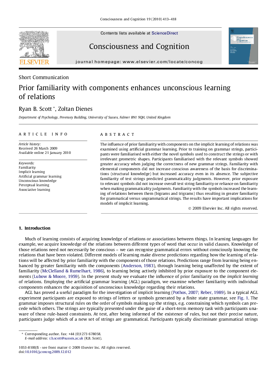 Prior familiarity with components enhances unconscious learning of relations