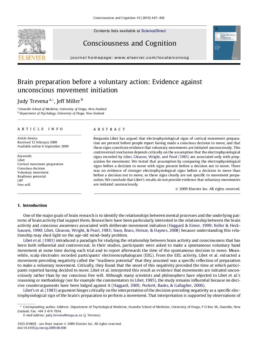 Brain preparation before a voluntary action: Evidence against unconscious movement initiation